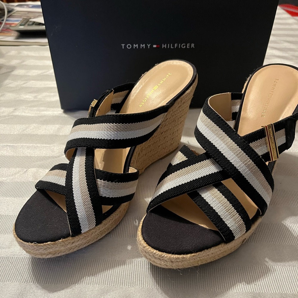 Tommy Hilfiger Striped Black and White Wedges